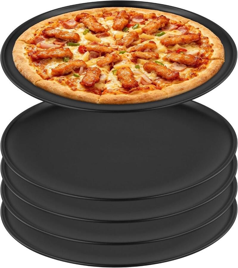 Set van 5 ronde pizzapannen van 30 cm roestvrij staal met antiaanbaklaag voor bakken en serveren eenvoudig schoon te maken en ideaal voor pizza's taarten en quiches