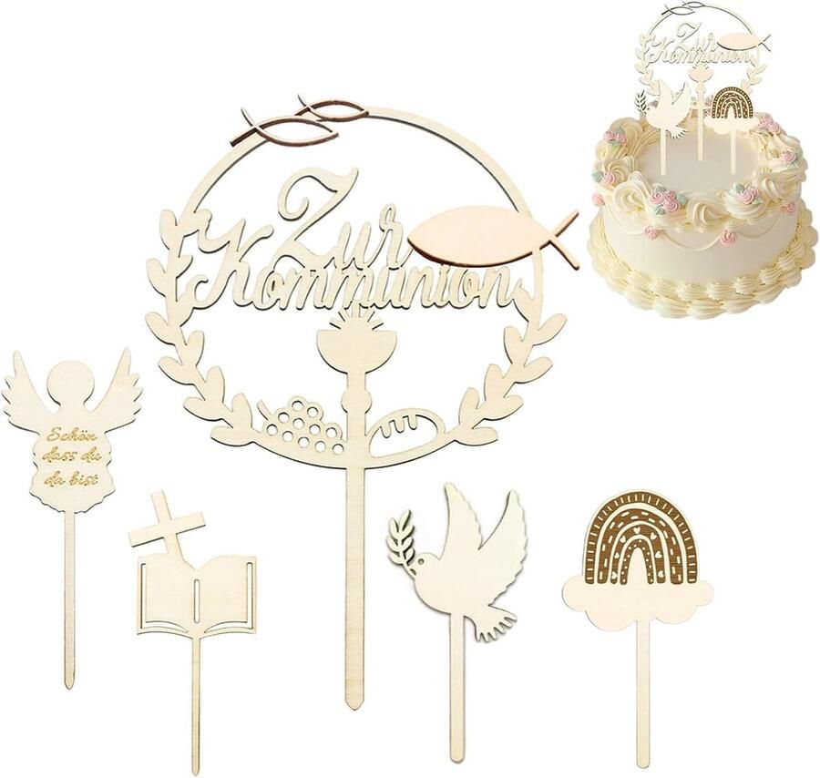 Set van 5 taartdecoratie communie houten communie decoratie bosbouw eerste communie taartdecoratie eerste communie decoratie voor jongens en meisjes (houtkleur)