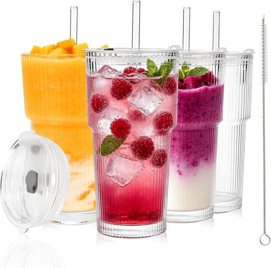 Set van 500 ml drinkglazen met deksel en rietje lekvrij en waterdicht design ideaal voor koffie smoothies cocktails (4 stuks)