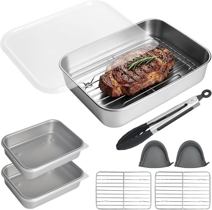 Set van 6 Accessoires voor Airfryer RVS Oven Schaal 2 Trays 2 Grillroosters Tangen en Handschoenen Vaatwasserbestendig Geschikt voor Airfryers
