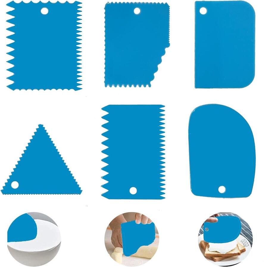 Set van 6 deegkaarten en schrapers van plastic en silicone voor pizza gebak en brood bakken met een antiaanbaklaag
