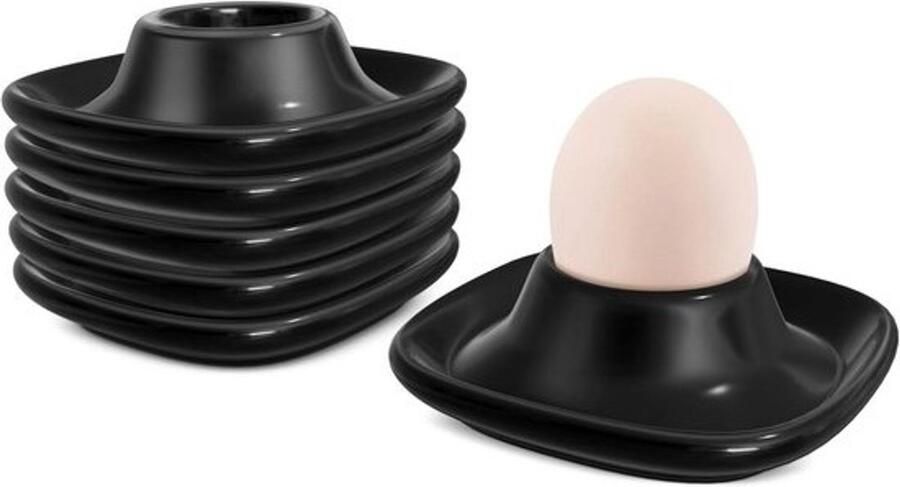 Set van 6 Eierdopjes Keramiek voor Zacht Gekookt Ei Stapelbare Houders voor Ontbijt en Brunch Zwart
