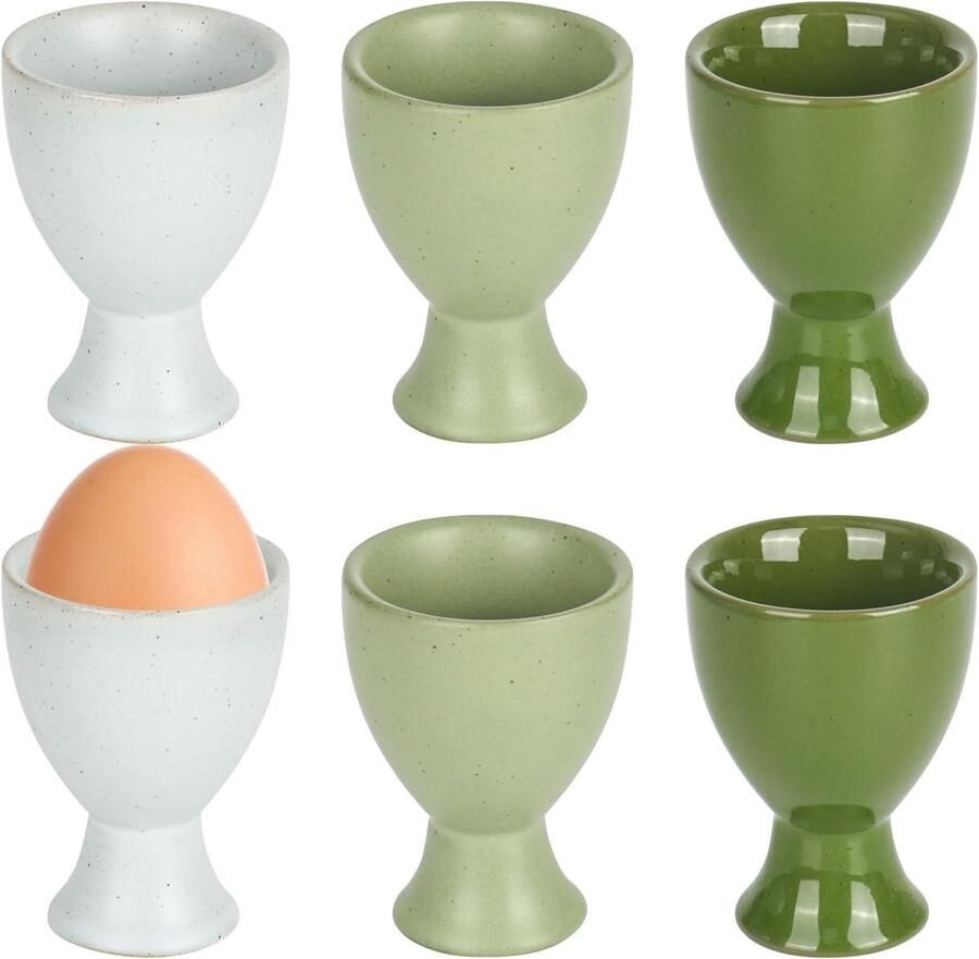 Set van 6 eierdopjes porselein eierdopjes keramiek bonte eierbeker wit groen eierhouder ontbijt brunch voor hard gekookte zachtgekookte eieren thee en wijn keuken huis restaurant