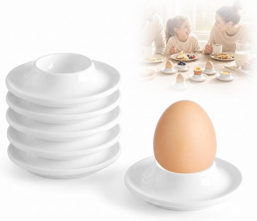 Set van 6 eierdopjes porselein wit 9 × 9 × 2 5 cm porseleinen eierhouder met legplank ronde eierbeker keramiek eierstandaard met rand stapelbaar voor ontbijt keuken eetkamer en camping
