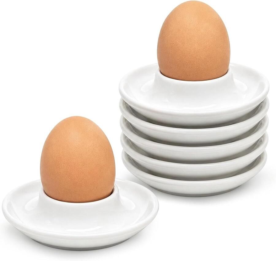 Set van 6 eierdopjes porselein wit eierdopjes keramiek rond eierbord ontbijt eierhouder stapelbaar vaatwasmachinebestendig moderne eierdopjes voor eettafel keuken camping