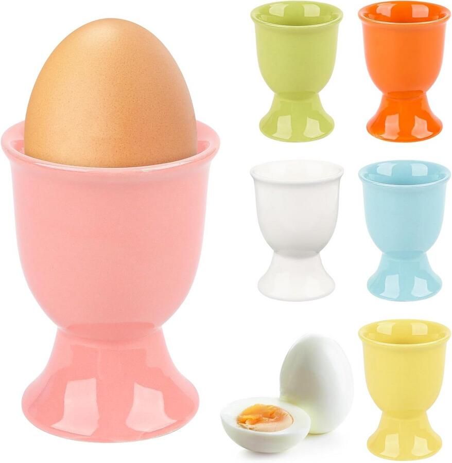 Set van 6 eierdopjes van porselein kleurrijk ontbijtbordje voor hard en zacht gekookte eieren
