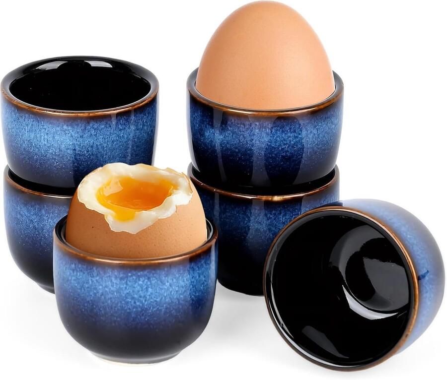 Set van 6 eierdopjes van porselein vintage blauw handgebrand met gepolijst geëmailleerd oppervlak vaatwasmachinebestendig voor ontbijt brunch en diner