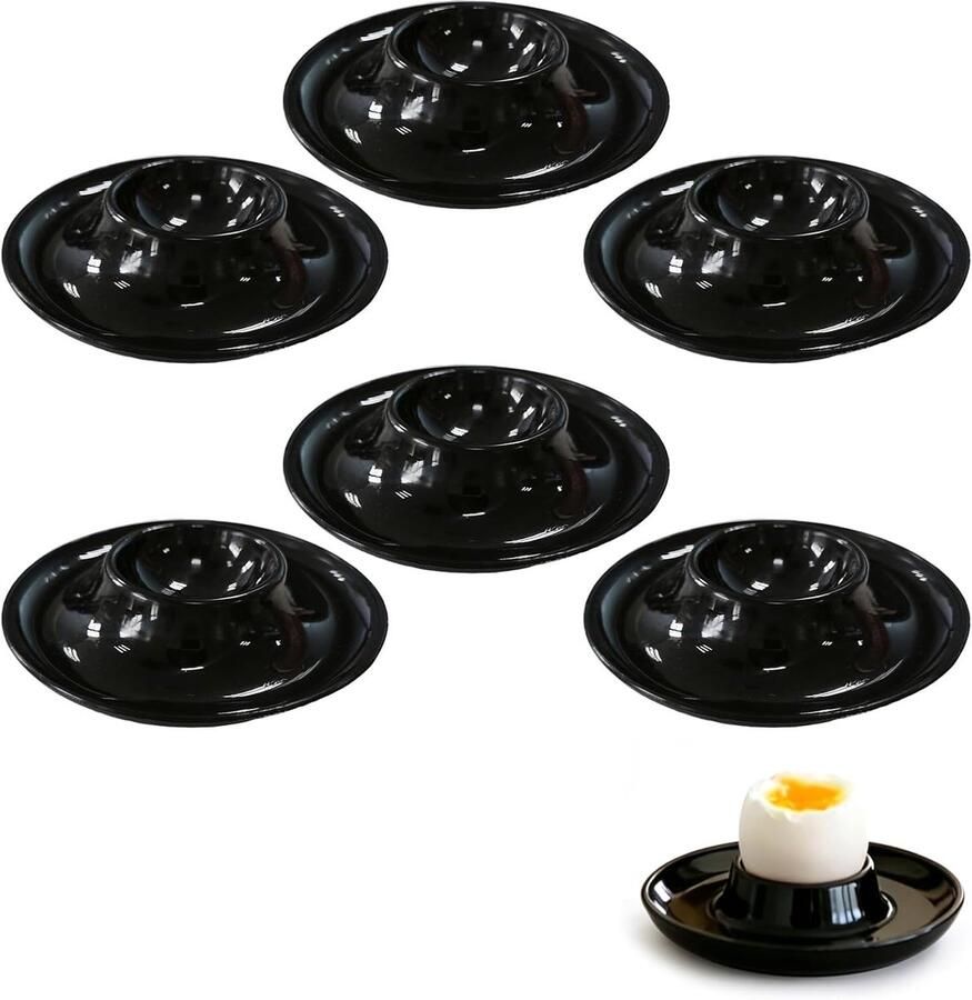 Set van 6 eierdopjes zwart keramiek-stijl mat BPA-vrij kunststof onbreekbaar met overloopbeveiliging en legplank vaatwasmachinebestendig ontbijt en camping
