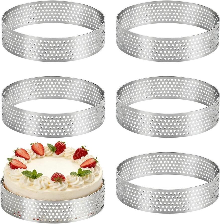 Set van 6 geperforeerde taartringen van roestvrij staal 8 cm voor taarten gebak en cupcakes