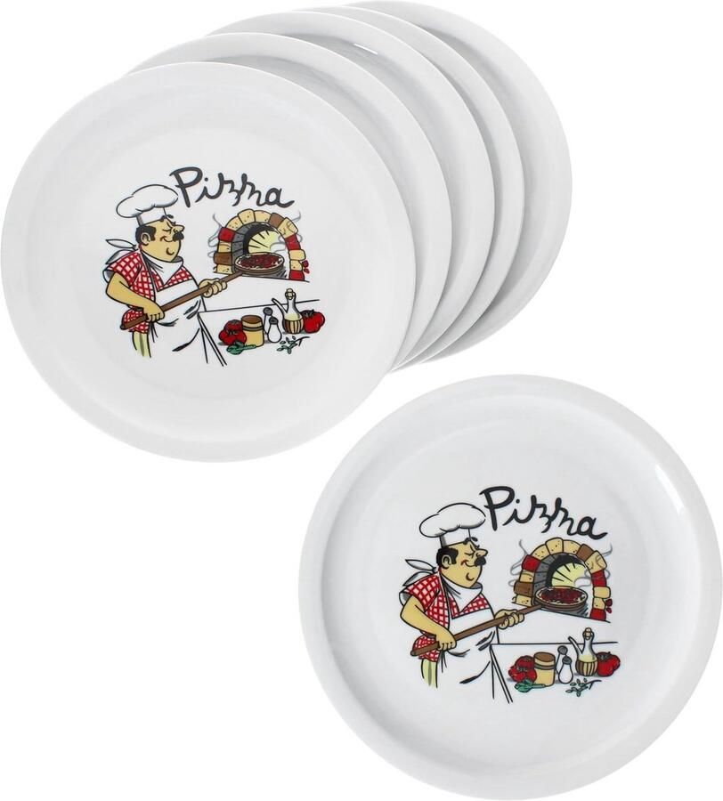 Set van 6 grote pizzaborden voor 6 personen Ø 30 5 cm Porselein met pizzabakkersmotief