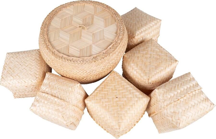 Set van 6 Handgemaakte Bamboe Stoommanden voor Kleefrijst Traditioneel Thais Serveergerei