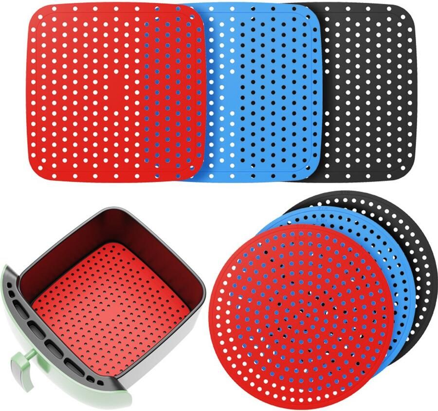 Set van 6 herbruikbare antiaanbak hittebestendige siliconen bakmatjes voor de airfryer (rond en vierkant)