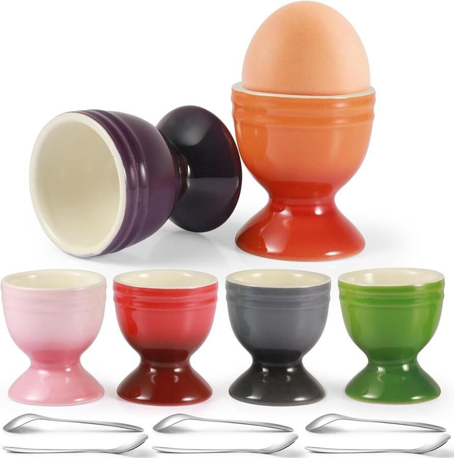 Set van 6 Keramische Eierdopjes Kleurrijke Keramische Eierdopjes met 6 Lepels voor Hard en Zacht Gekookte Eieren Ø 5cm x 6cm Kleurrijke Eierhouder voor Ontbijttafel Vaatwasser Veiligheid