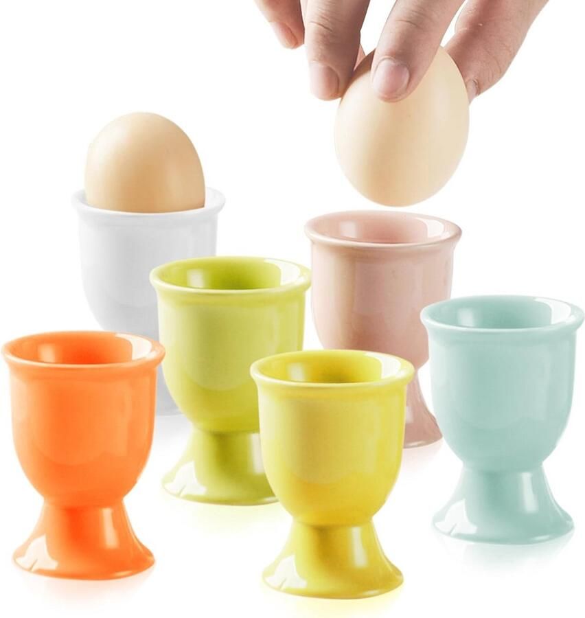 Set van 6 Kleurrijke Keramische Eierdopjes voor Ontbijt