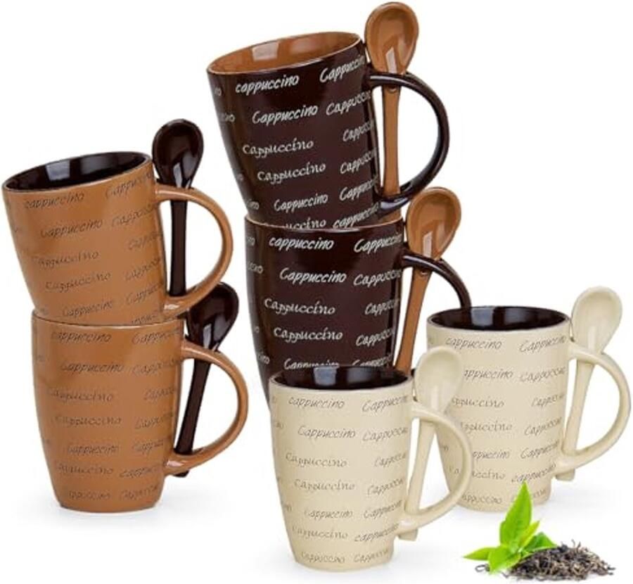 Set van 6 moderne cappuccinokopjes met lepel Bruin Beige Crème Vaatwasmachine- en magnetronbestendig