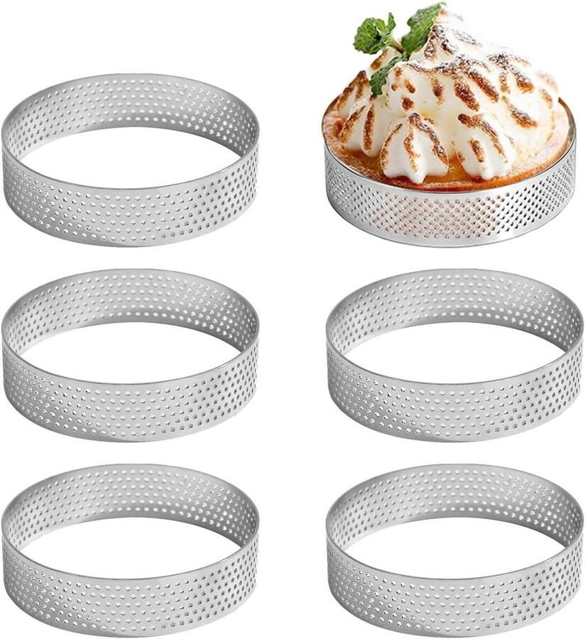 Set van 6 Mousse Tartlet Vormen van RVS 8 cm Perforated Dessert Ringen voor Taarten Gebak en Mini Pizza's