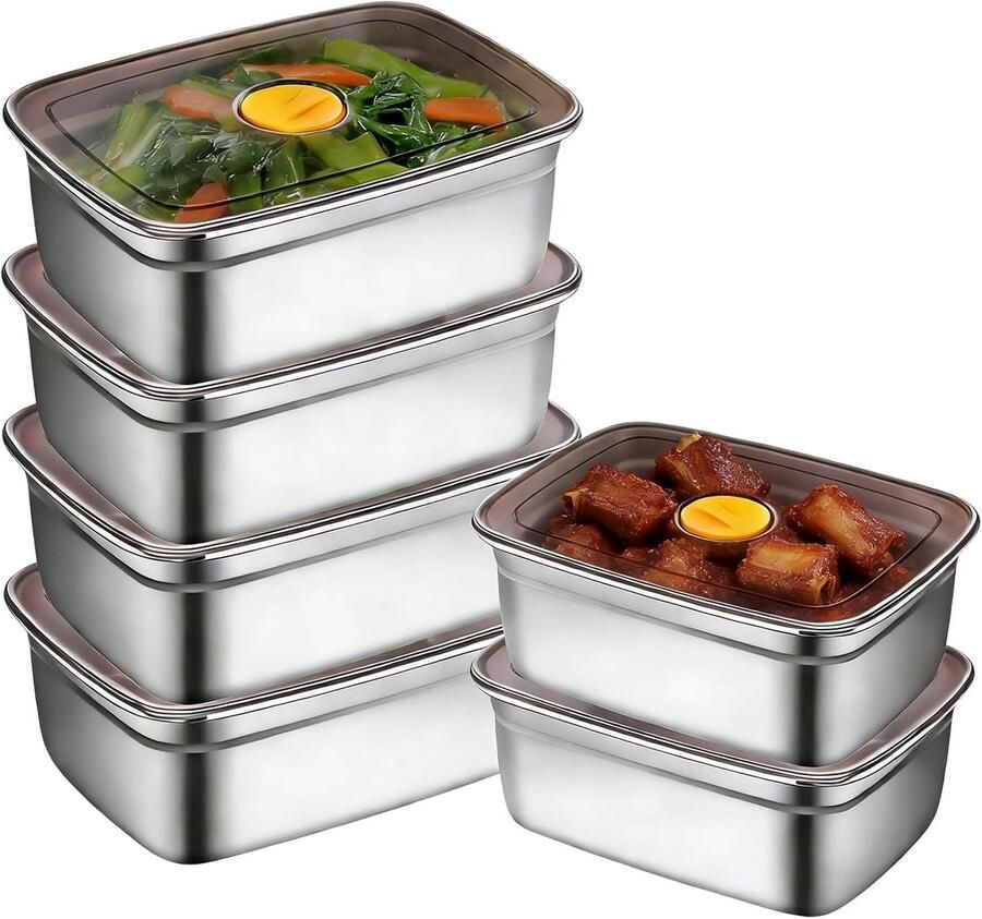 Set van 6 Opbergdozen met Deksel 1000 ml 18.5 x 13.5 x 5.5 cm RVS Voedselopslag Lekvrij en Ideaal voor Pizza en Snacks