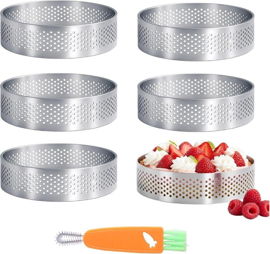 Set van 6 Perforated Bakringen voor Mini Taartjes van 8 cm Ringen voor Gebak Desserts en Crumpets Duurzaam en Roestvrijstaal