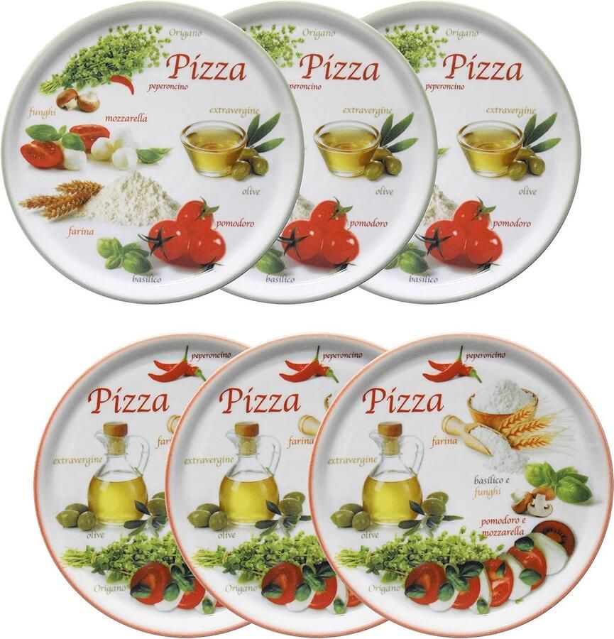 Set van 6 pizzaborden 32 cm wit porselein groen en rood