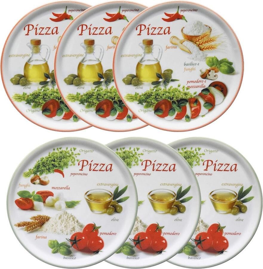 Set van 6 pizzaplaatjes Ø 33 8 cm groot 6 personen pizza borden met 2 decoraties