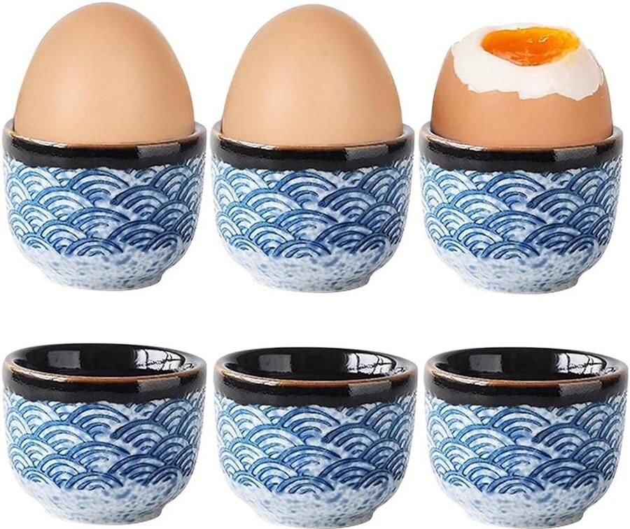 Set van 6 Porseleinen Eierdopjes Kleurrijk en Vintage Design voor Elk Ontbijt