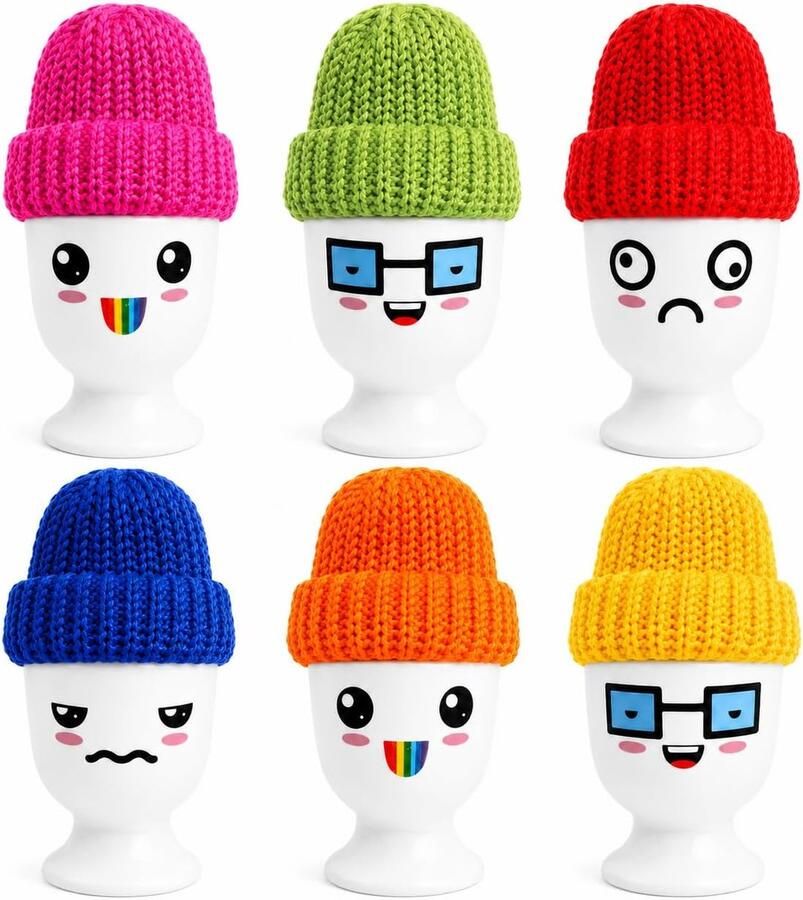 Set van 6 porseleinen eierdopjes met 6 kleurrijke eierwarmermutsen vaatwasmachinebestendig voor ontbijt en brunch (wit Funny Faces 1)
