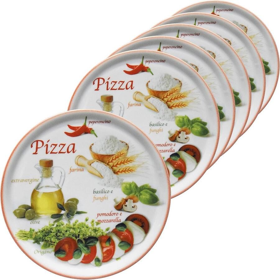 Set van 6 Rode Porseleinen Pizzaborden 32 cm Italiaans Design
