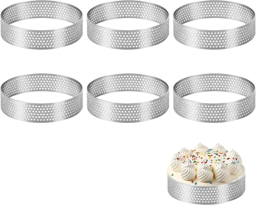 Set van 6 Ronde Dessert Ringen van Roestvrij Staal Ideaal voor Taarten Gebak en Mini Pizza's Perforated Crumpet Ringen met Antiaanbaklaag