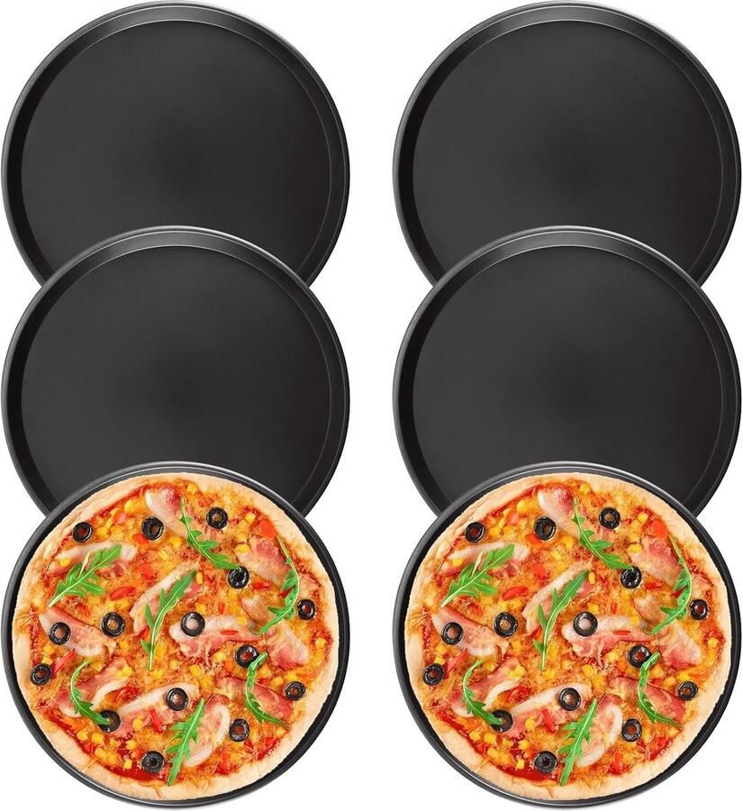 Set van 6 ronde pizza borden van 30 cm anti-aanbak carbon staal ideaal voor oven en bakken