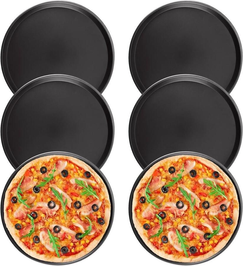 Set van 6 ronde pizza borden van 30 cm anti-aanbak carbon staal ideaal voor oven en bakken