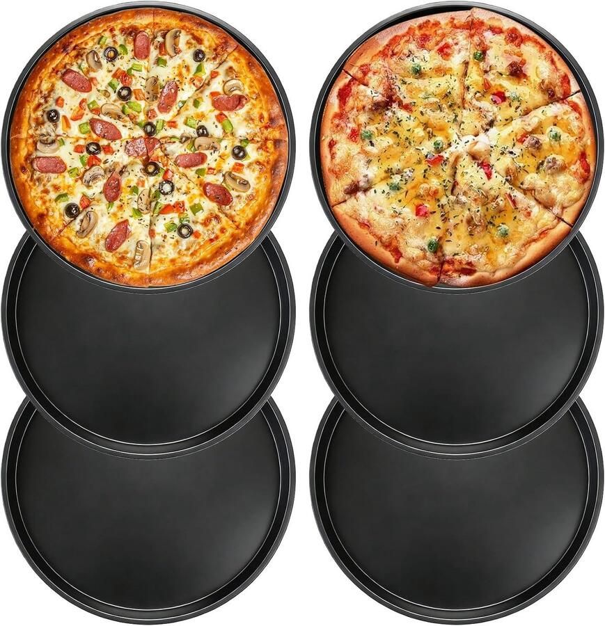 Set van 6 Ronde Roestvrijstalen Pizza Schalen: Zwart Antikleef Makkelijk Schoon te Maken voor Bakken en Serveren in de Keuken