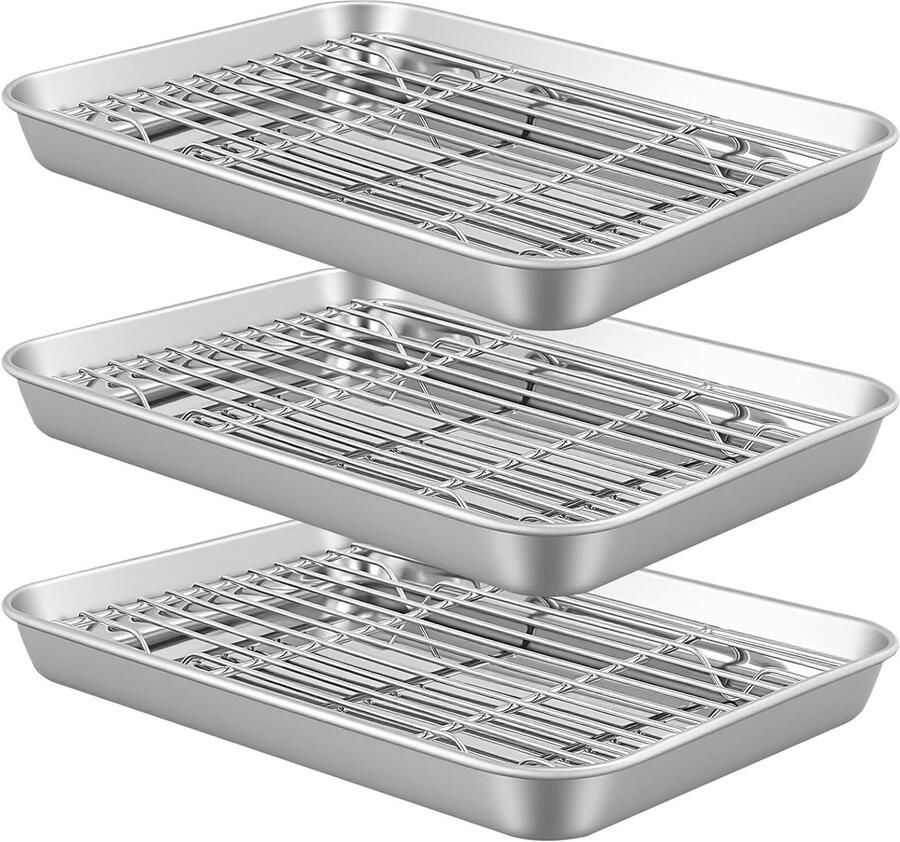Set van 6 RVS Bakplaten met Draadrek Bakschalen voor Oven Koken en Bakken 23.5 x 17.5 cm