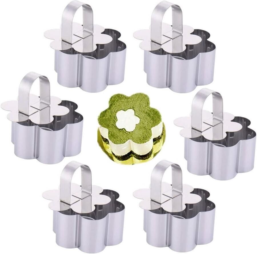 Set van 6 RVS Bakringen voor Desserts Mini Cake en Mousse Vormpjes met Duwer in Bloemvorm