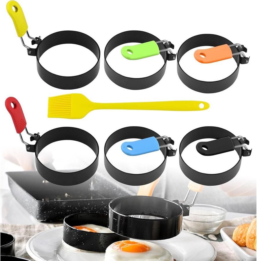 Set van 6 RVS Eivormen Spiegelei en Pannenkoek Vorm Inclusief Hittebestendige Handvatten