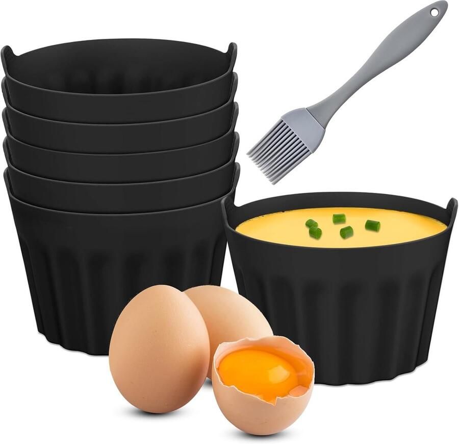 Set van 6 Silicone Eieren Poacher Cups Antiaanbak Mallen voor Airfryer Magnetron en Oven Veilig voor Voedsel met Oliekwast (Ideaal voor Gepocheerde Eieren en Bakaccessoires)
