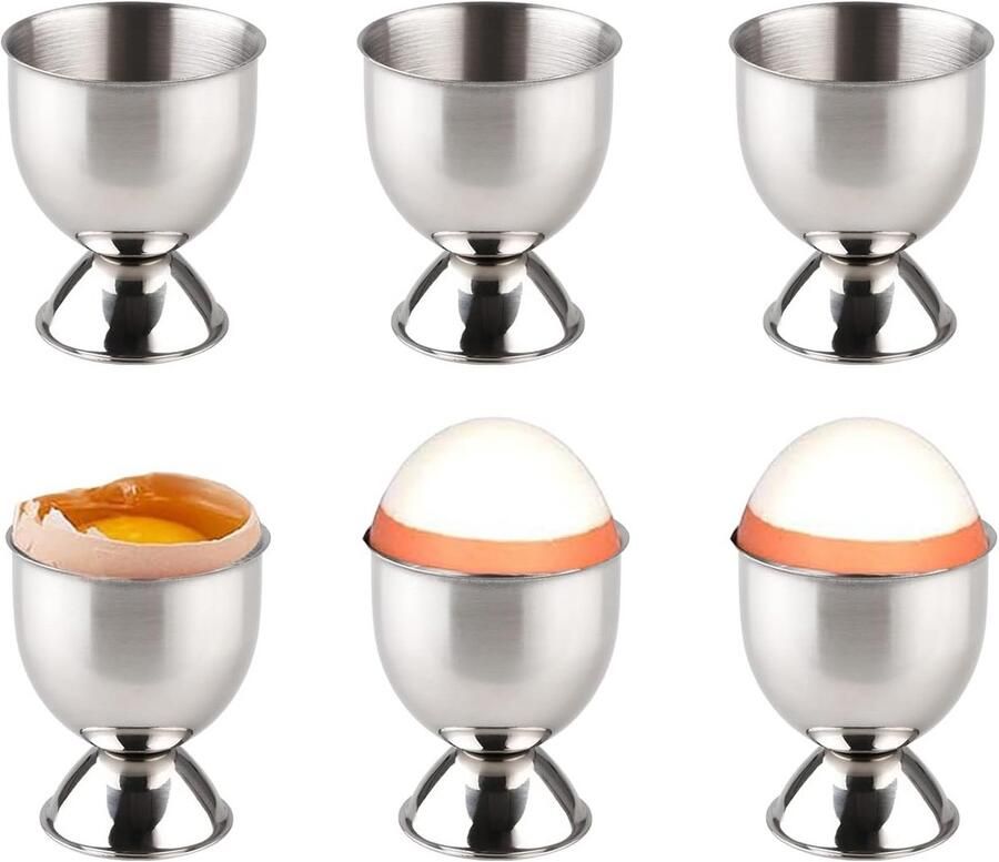 Set van 6 Stapelbare Eierdopjes van Roestvrij Staal met Basis