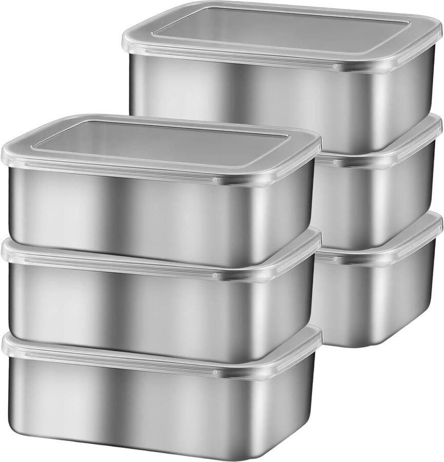 Set van 6 Voedselopslagdozen met Deksel 1100ml Maaltijd Prep Dozen RVS Stapelbare Opbergdozen Vaatwasserbestendig 18 x 13 x 6 cm Ideaal voor Koken en Bewaren