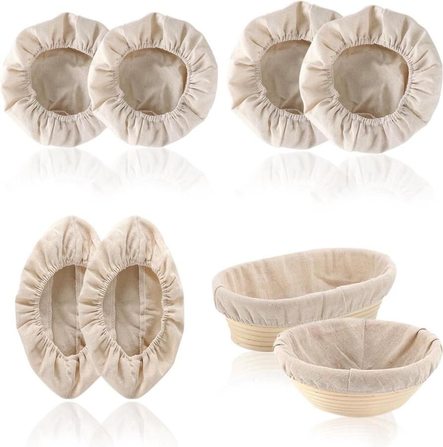 Set van 6 Stukken Linnen Voering voor Rijstmanden 3 Maten voor Brood en Gebak Ovalen en Ronde Linnen Doeken met Elastische Band voor Bakken en Koken