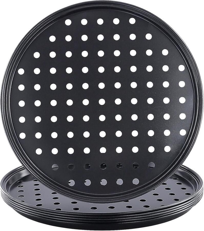 Set van 6 Stuks 26 cm Ronde Pizza Pannen met Gaten van Koolstofstaal Ideaal voor het Bakken van Pizza en Deeg in de Oven
