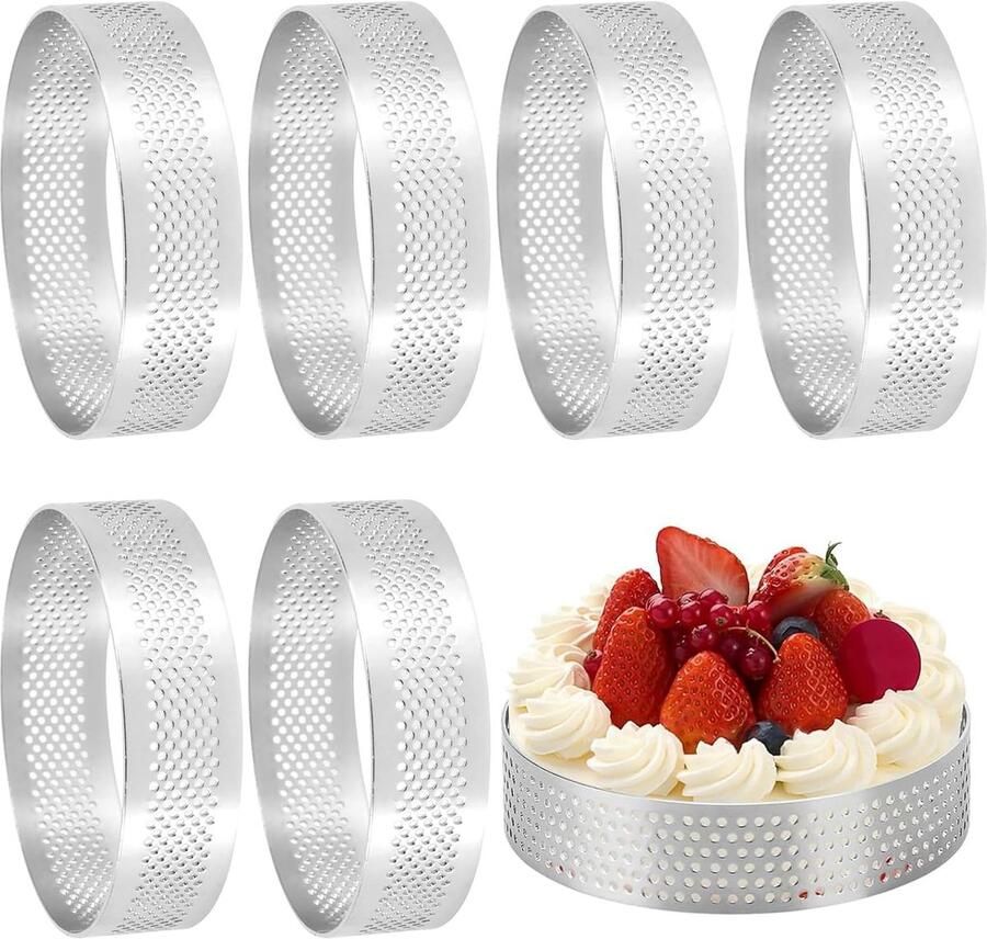 Set van 6 Taartvormen met een Diameter van 8 cm Perforated RVS Mallen voor Mini Taarten Pizza's en Muffins Ideaal voor Bakken en Decoreren