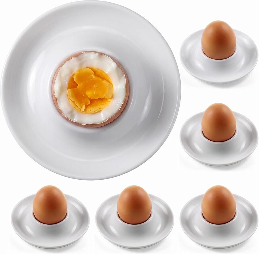 Set van 6 witte eierdopjes stapelbaar van kunststof rond glad robuust en vaatwasmachinebestendig voor ontbijt brunch camping tafel en keuken