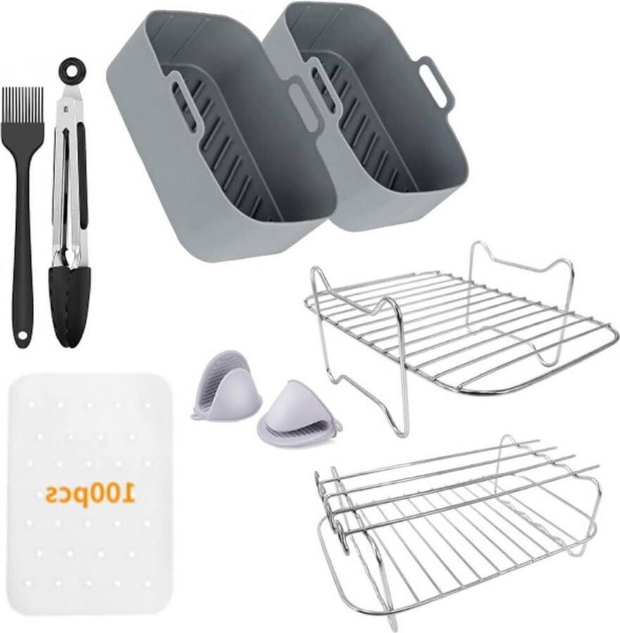 Set van 8 accessoires voor airfryers 2 herbruikbare siliconen voeringen en 2 racks met 4 spiesjes Ninja Dual Airfryer