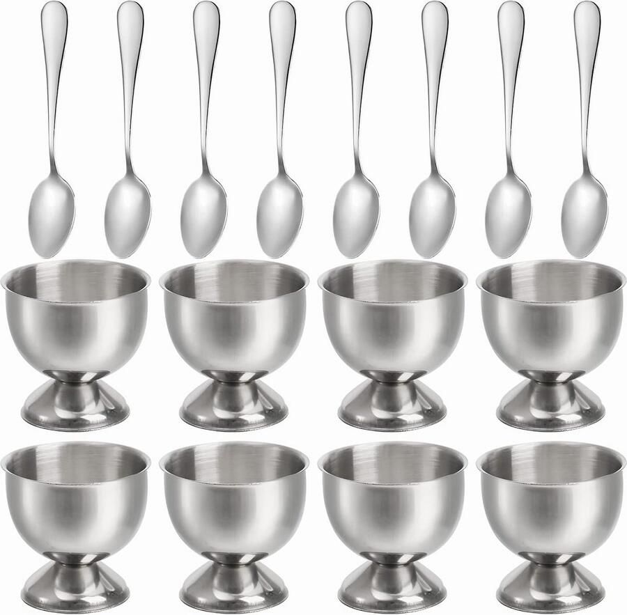 Set van 8 Eierdopjes met Lepels Roestvrij Staal voor Zacht & Hardgekookt Ei