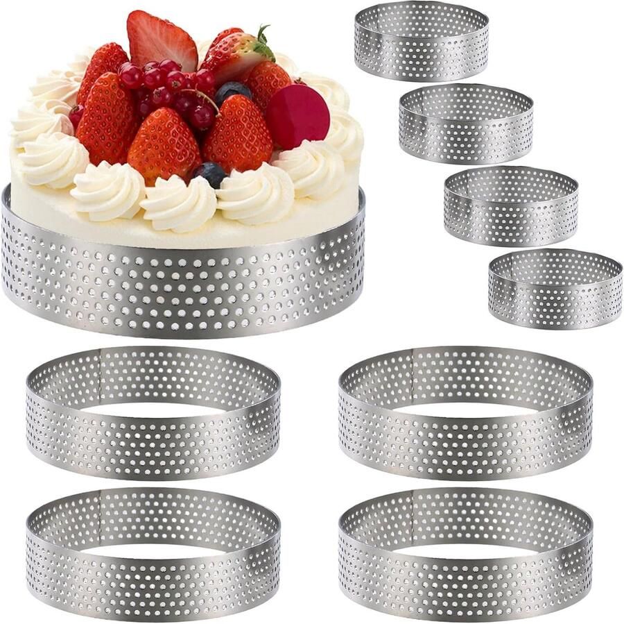 Set van 8 Perforated Cake Rings Ronde Mallen voor Taart Mousse Koekjes en Mini Pizza's van Roestvrij Staal Niet Plakbaar en Hittebestendig