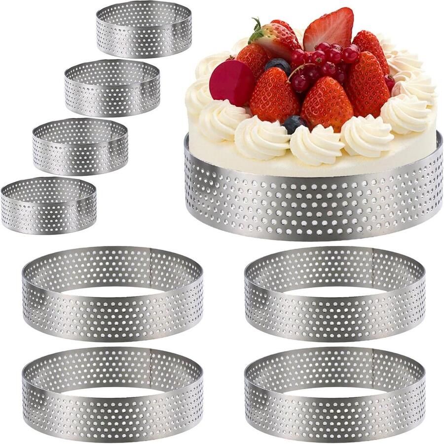 Set van 8 Perforated Cake Rings Ronde Mallen voor Taarten Koekjes en Mini Pizzas Anti-aanbak en Roestvrijstaal Ideaal voor Mousse en Gebak