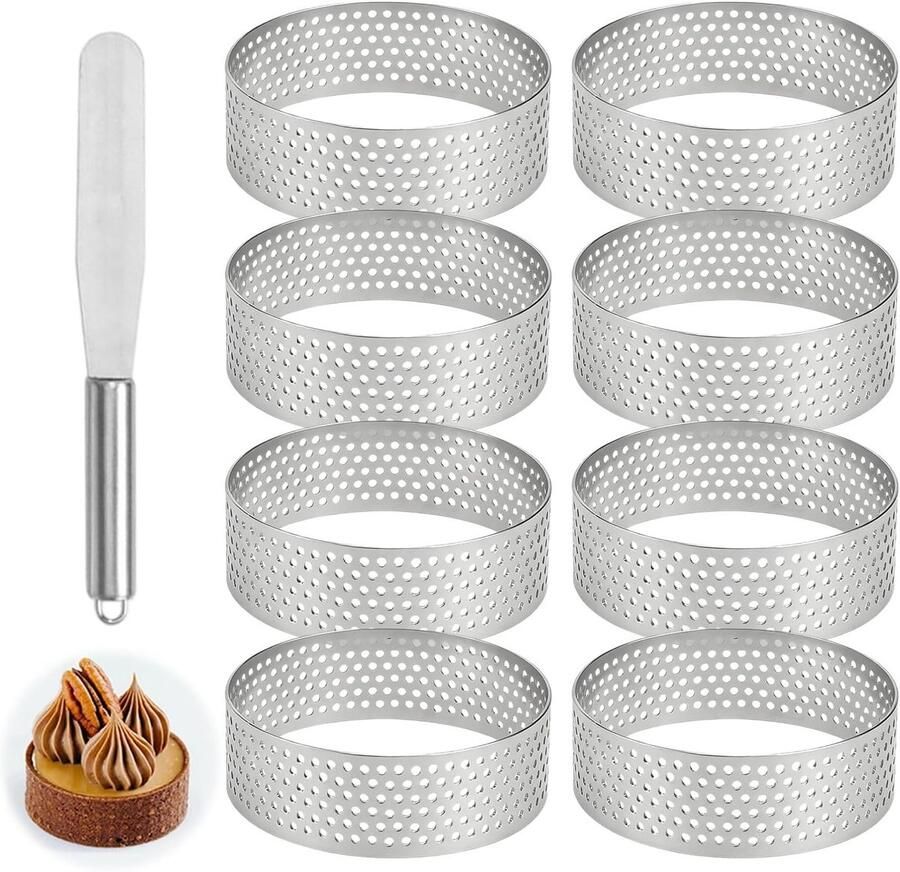 Set van 8 Ronde Bakringen voor Taartjes Perforated Mousse Cake Ringen Roestvrijstalen Muffin Molden Ideaal voor Desserts en Gebak (Diameter 6cm)