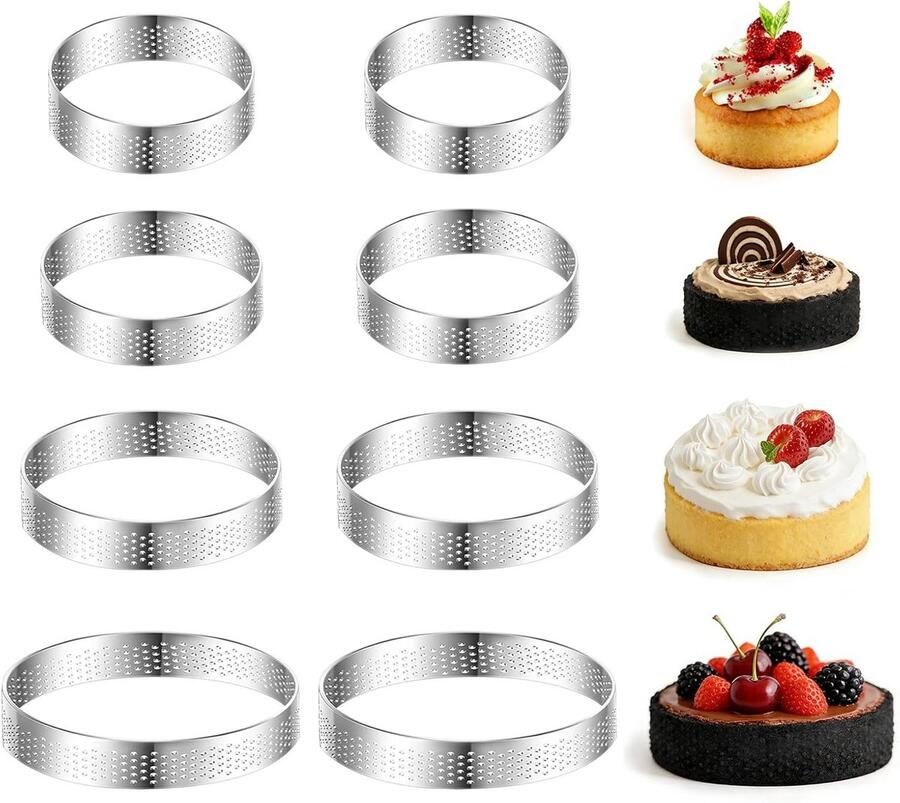 Set van 8 ronde taartvormen van roestvrij staal met gaten ideaal voor muffins mini pizza's en taarten hoogte 2 cm diameters 5 cm 6 cm 8 cm en 10 cm