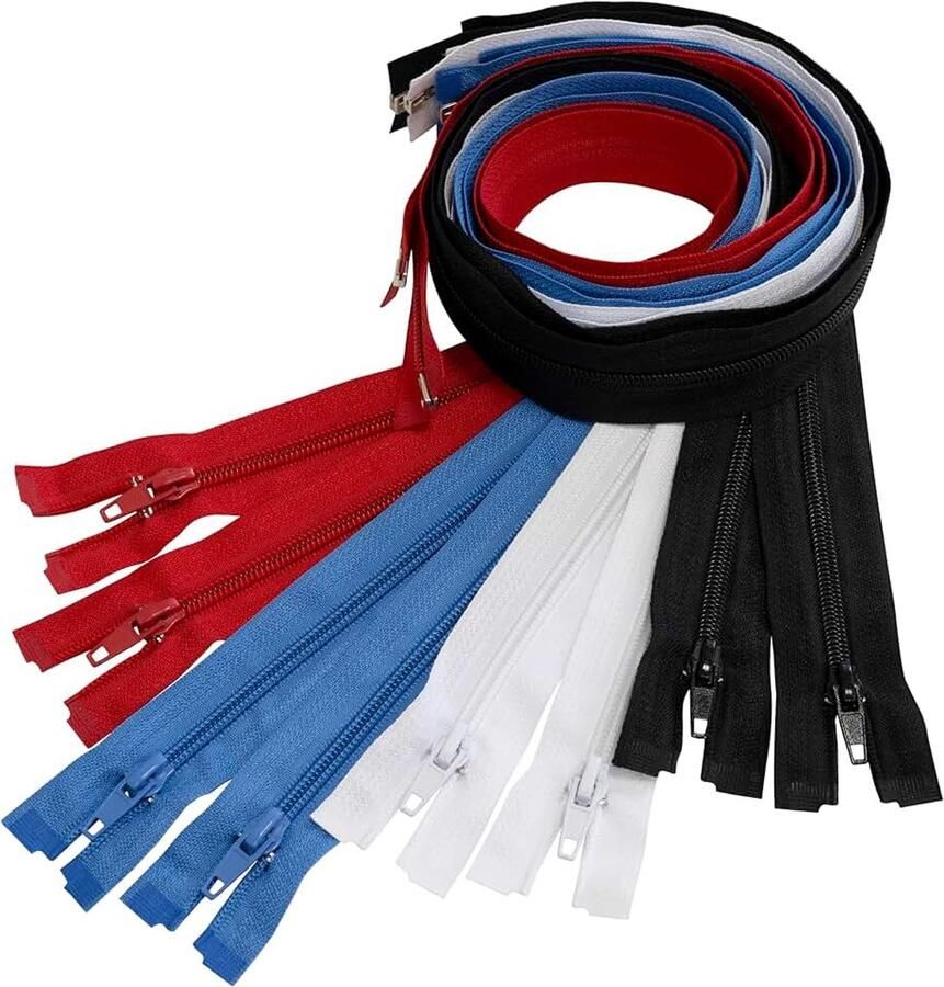 Set van 8 spiraalritsen N°5 65 cm deelbaar met schuiver van metaal nylon polyester kleur saffierblauw zwart rood wit