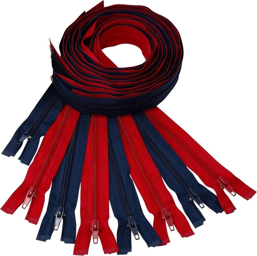 Set van 8 Spiraalritsen N°5 95 cm deelbaar met schuiver van metaal nylon polyester kleur rood en donkerblauw