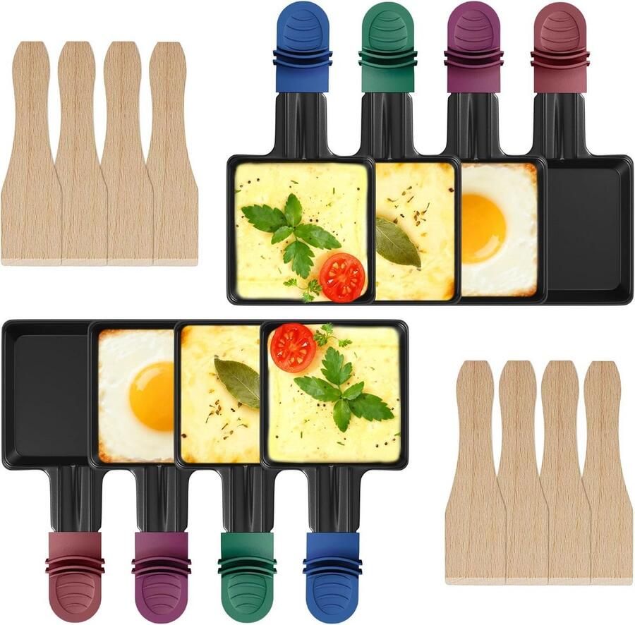 Set van 8 vierkante raclette pannetjes met anti-aanbaklaag inclusief houten schepjes en isolerende handgrepen